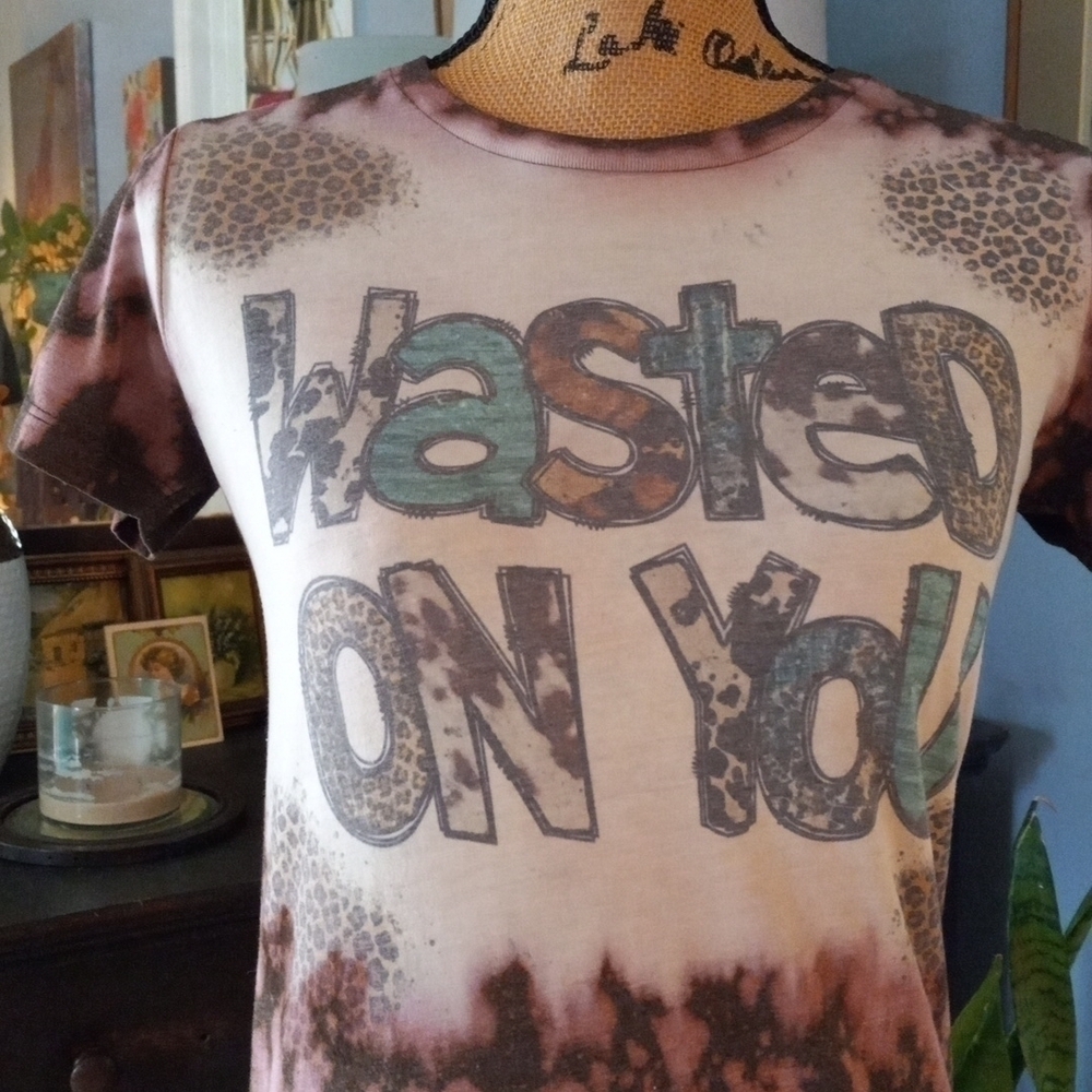 "Wasted on You" Heather Brown Distressed Graphic Tie Dye Tee